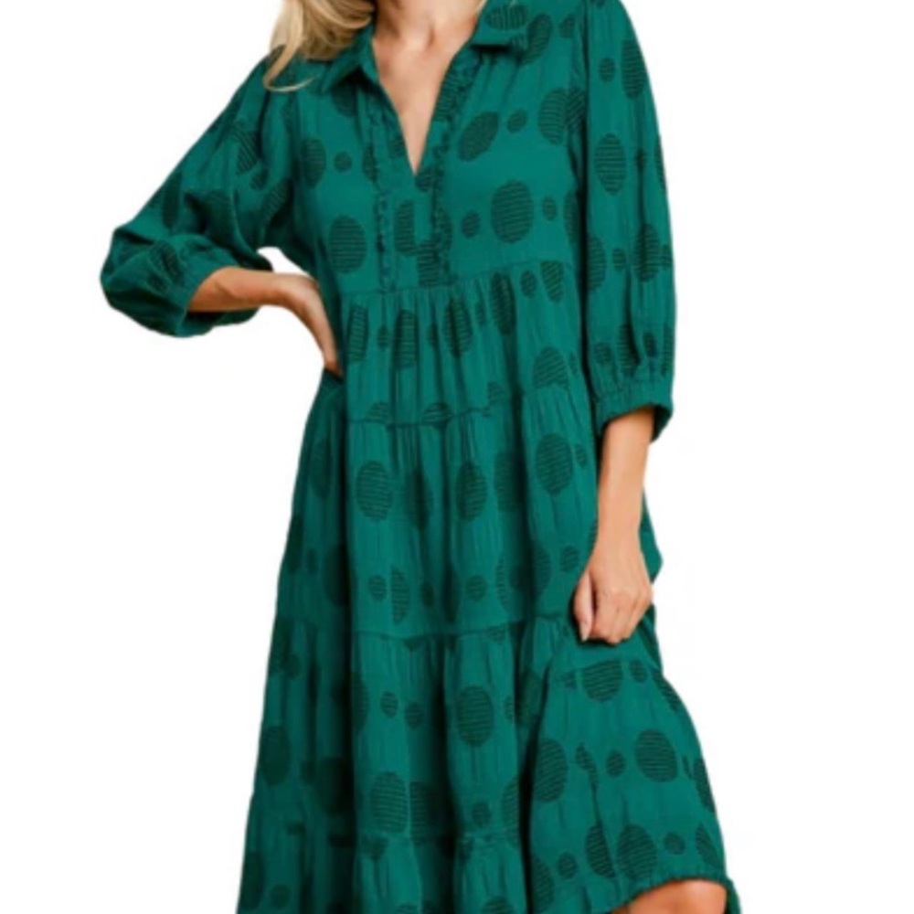 Umgee Teal Green Tiered Polka Dot Midi Dress